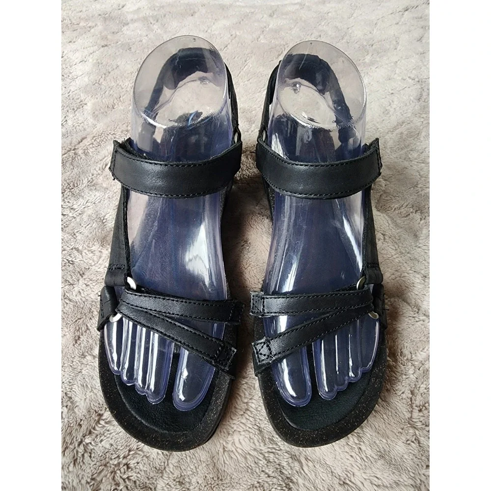 Teva Ysidro Universal Black Leather Cork Wedge Strappy Sandals Womens 7